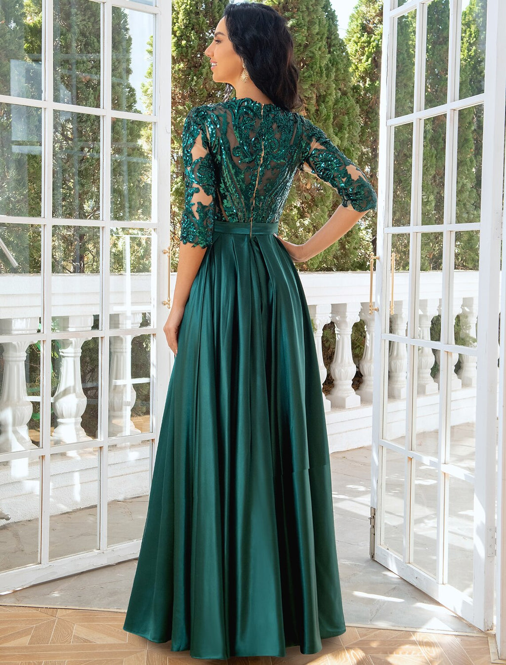 Emerald Satin A-Line Floor-Length Gown with Sequin Illusion V-Neck