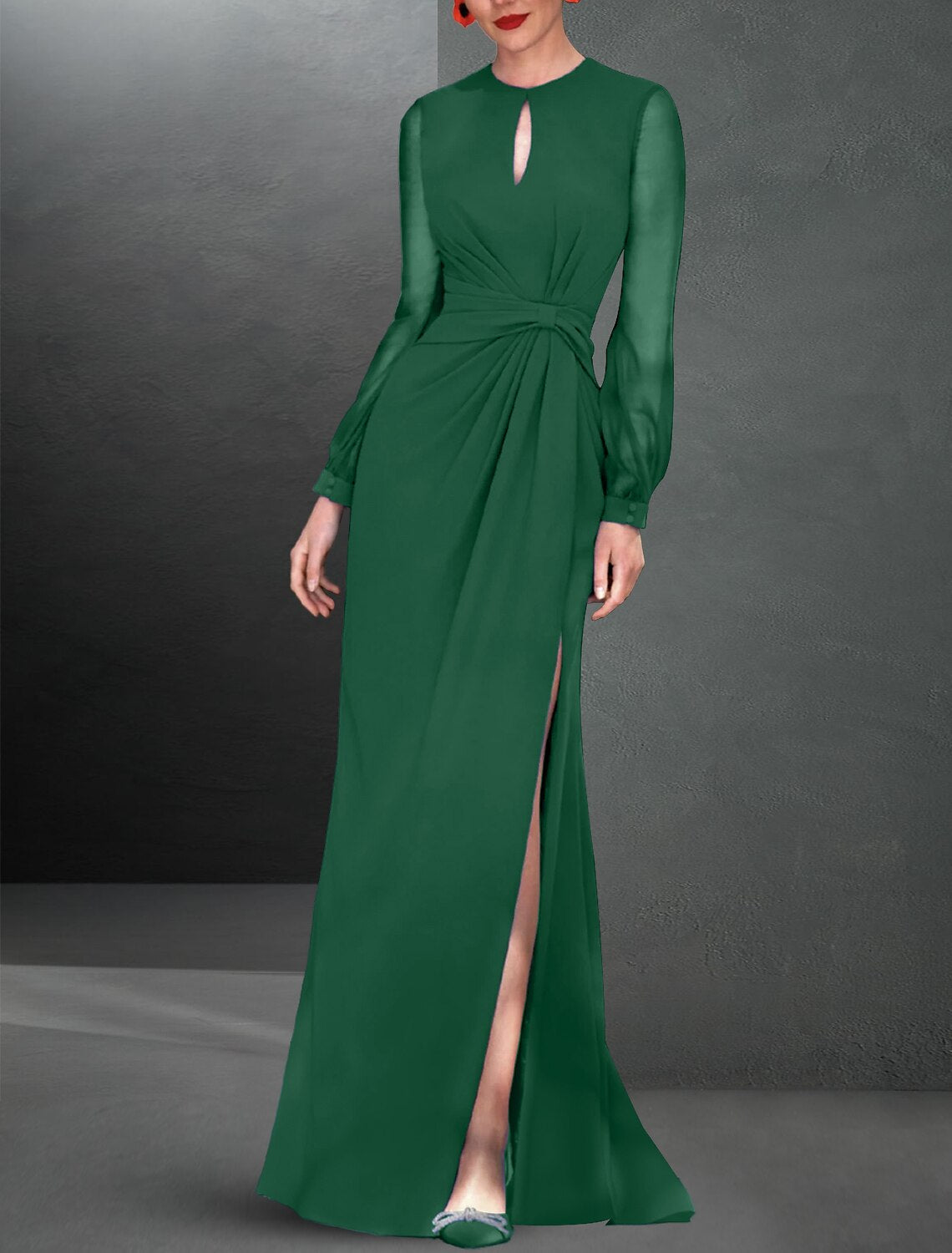 Abito da sera a trapezio, elegante, formale, da ospite di nozze, lungo fino al pavimento, con scollo gioiello, in chiffon, con spacco arricciato