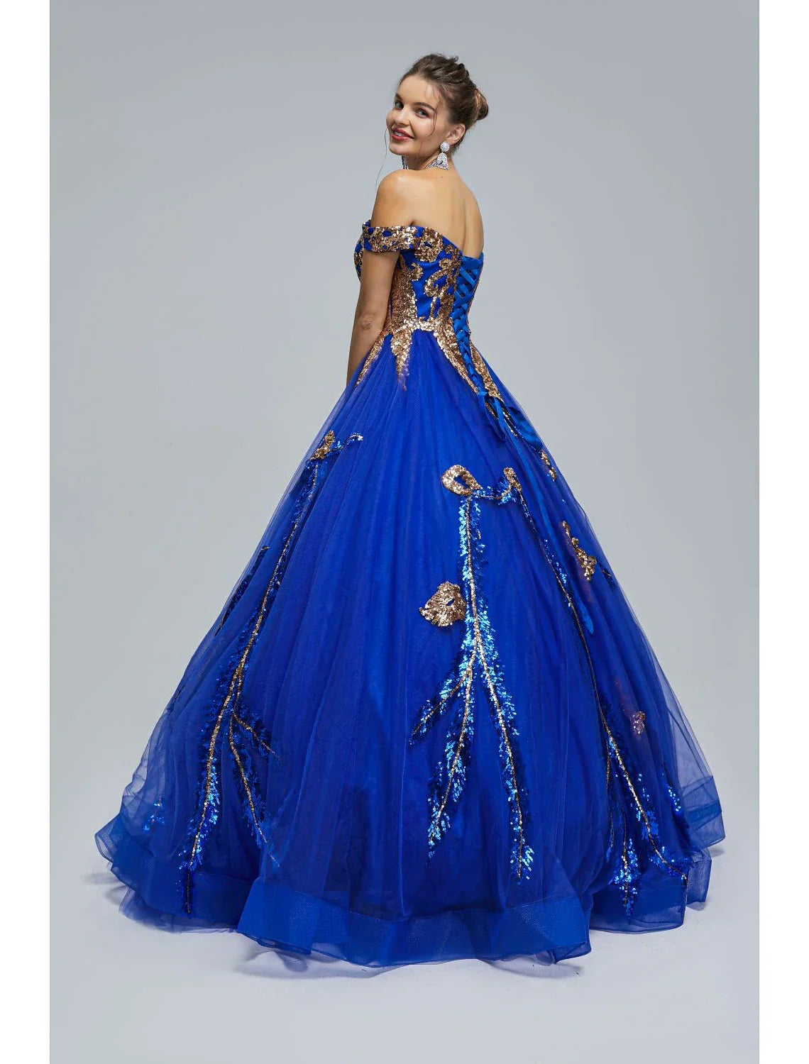 Royal Blue Tulle Ball Gown Floor-Length Evening Dress with Off-the-Shoulder Sweetheart Neckline and Gold Sequin Embellishments