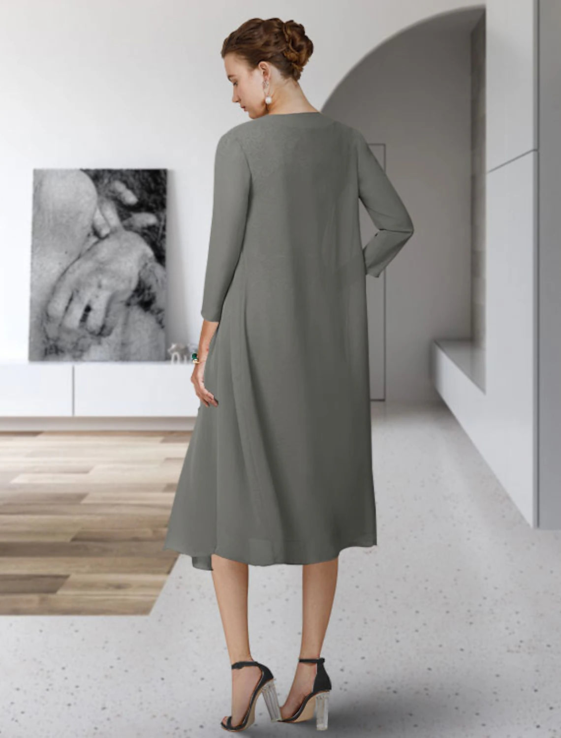 Vestido de madre de la novia de dos piezas, elegante, de corte tubo/columna, con escote joya, largo hasta la rodilla, de gasa, con encaje, sin mangas y apliques