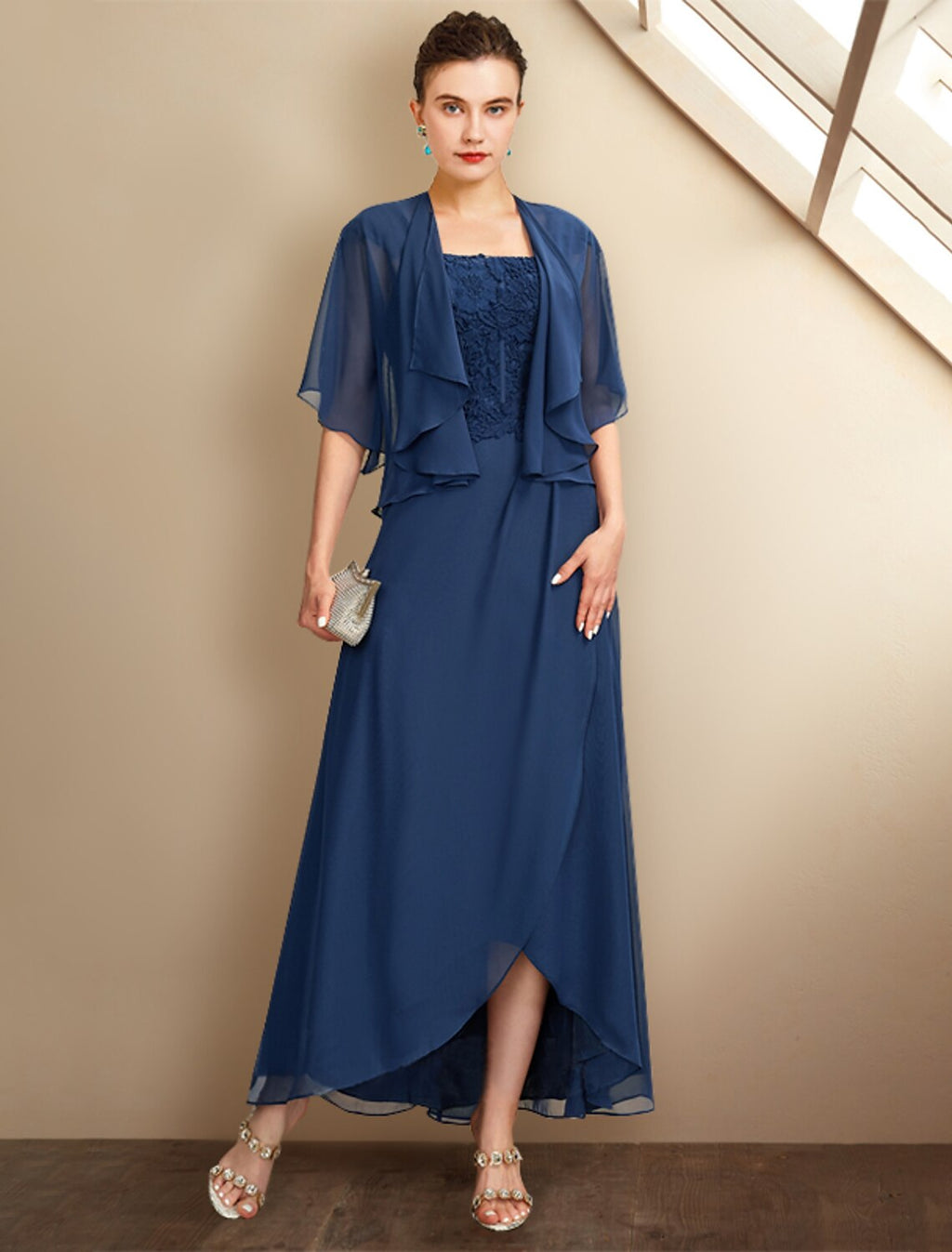 Navy Blue Chiffon Ankle-Length Mother of the Bride Dress with Lace Bodice & Jacket