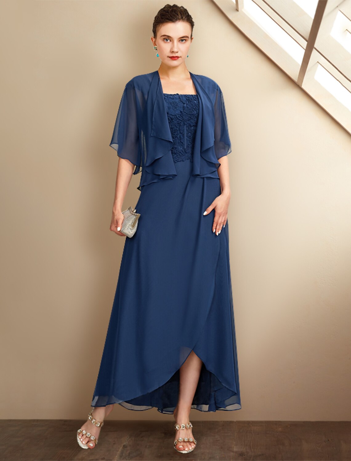 Navy Blue Chiffon Ankle-Length Mother of the Bride Dress with Lace Bodice & Jacket