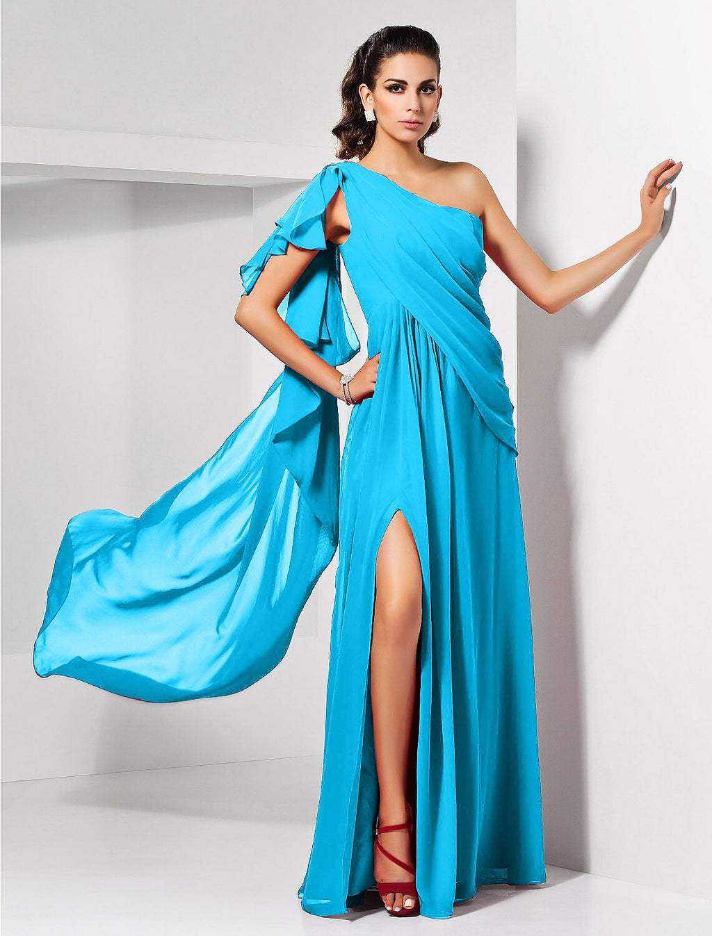 Red Chiffon A-Line Floor-Length Dress with One Shoulder & High Slit