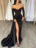 Black Satin Lace Sheath/Column Floor-Length Dress with Off-the-Shoulder Sweetheart Neckline and High Slit