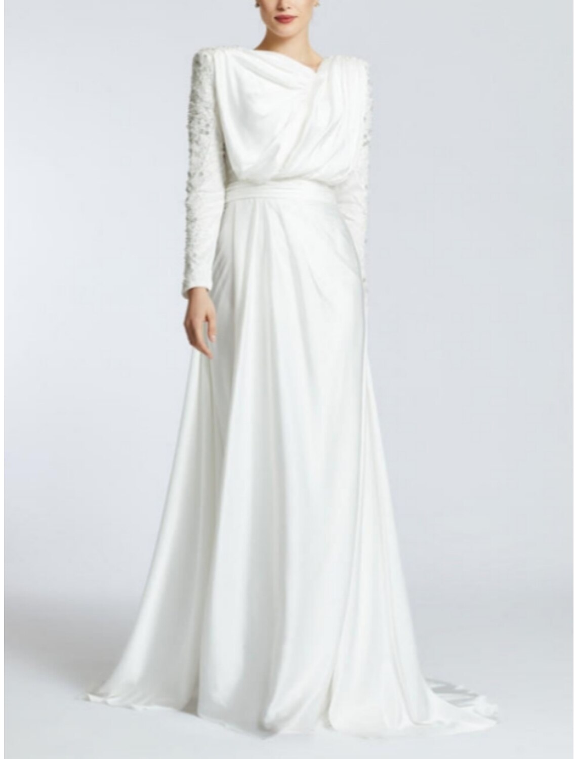 Abito da sera a trapezio, abito nero, abito elegante taglie forti, formale, strascico a ruota, manica lunga, scollo gioiello, raso con pieghe e paillettes