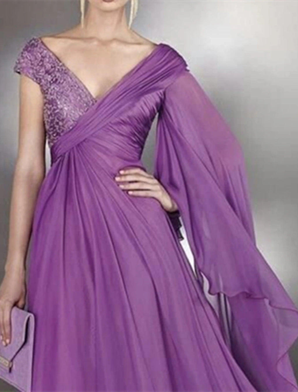 Lilac Chiffon A-Line Floor-Length V-Neck Gown with Asymmetrical Draping