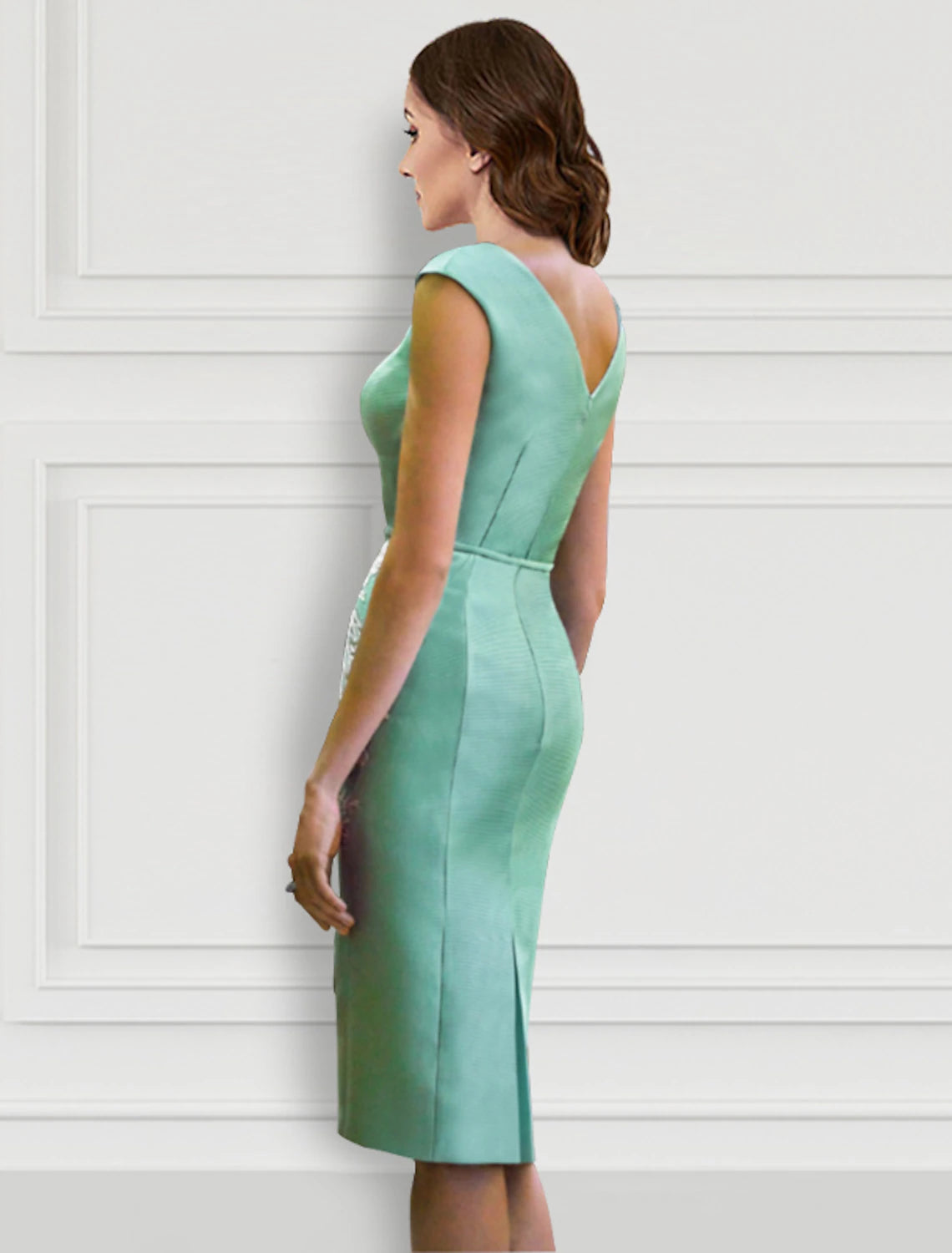 Vestido de cóctel de dos piezas, floral, para invitados de boda, formal, largo hasta la rodilla, manga larga, escote en V, cinturón/faja, satén con apliques.