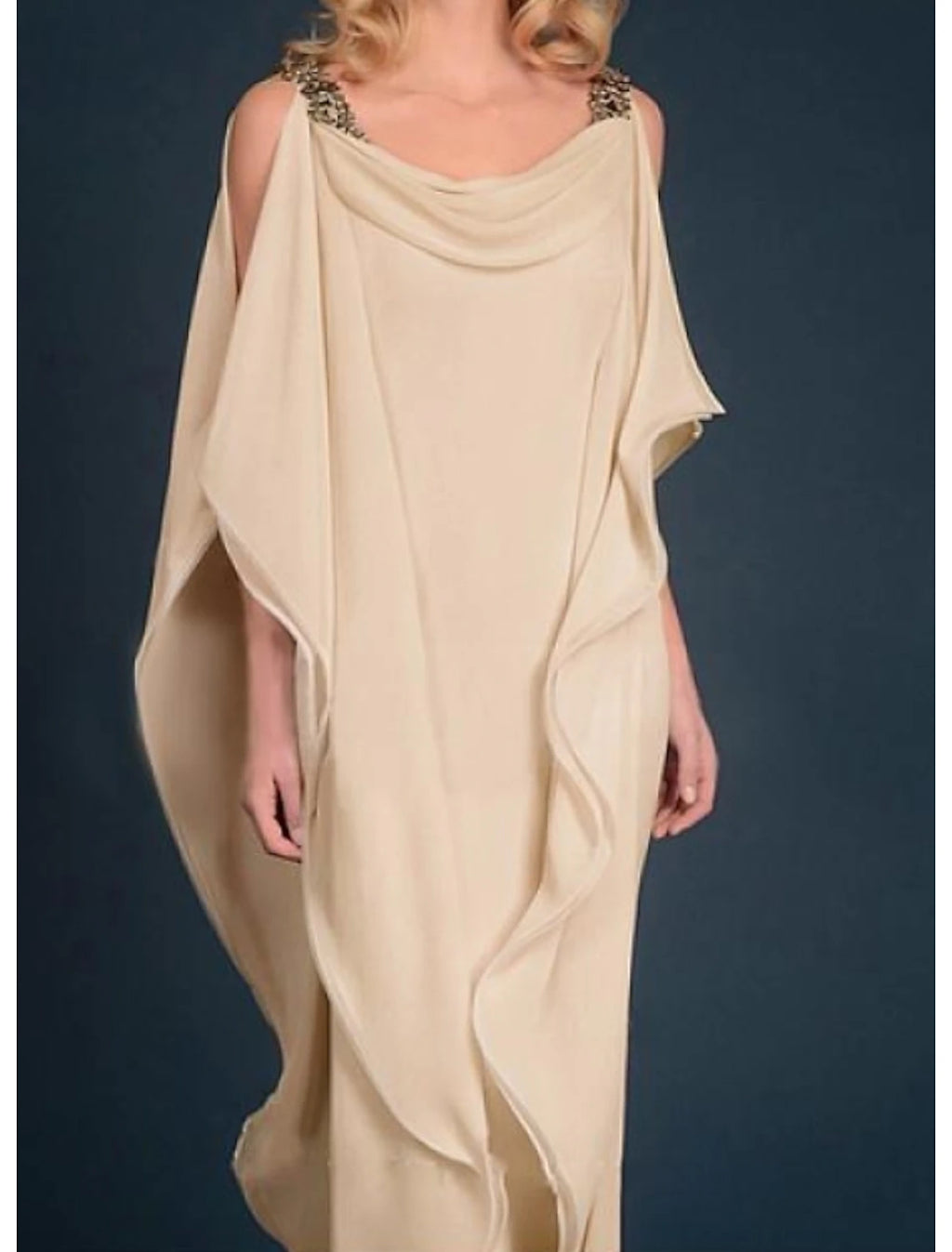 Champagne Chiffon A-Line Floor-Length Dress with Draped Cowl Neck