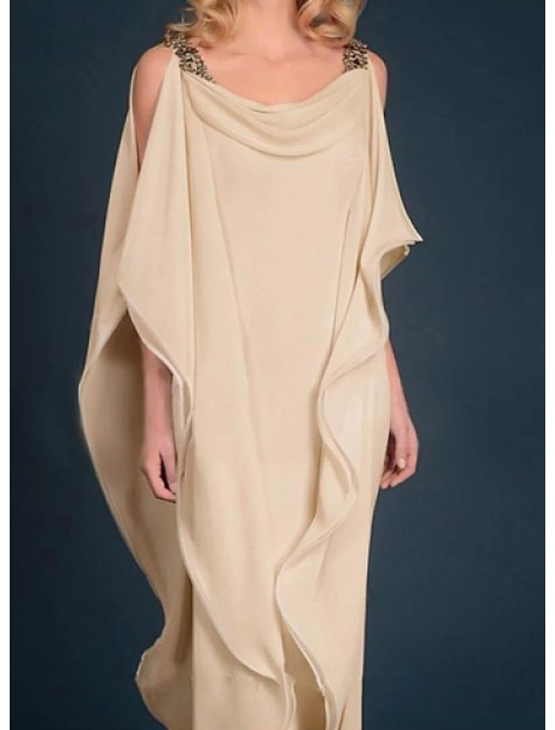 Champagne Chiffon A-Line Floor-Length Dress with Draped Cowl Neck