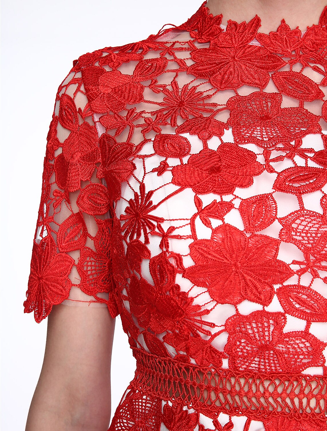 Abito da madre della sposa a tubino/colonna, trasparente, collo alto, lunghezza al ginocchio, pizzo, maniche corte, senza pizzo