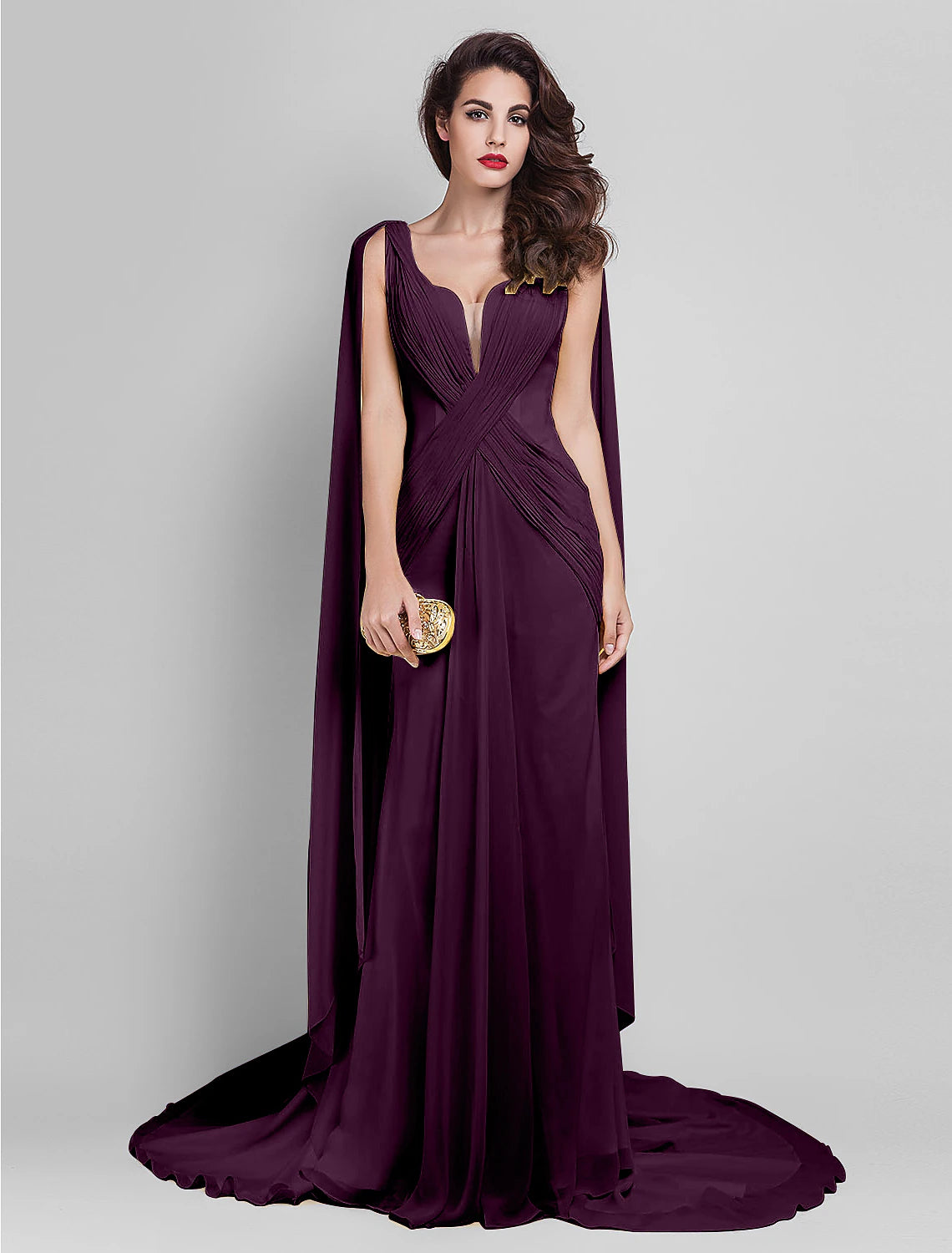 Lemon Chiffon Sheath/column Floor-Length Evening Dress with Flowing Cape