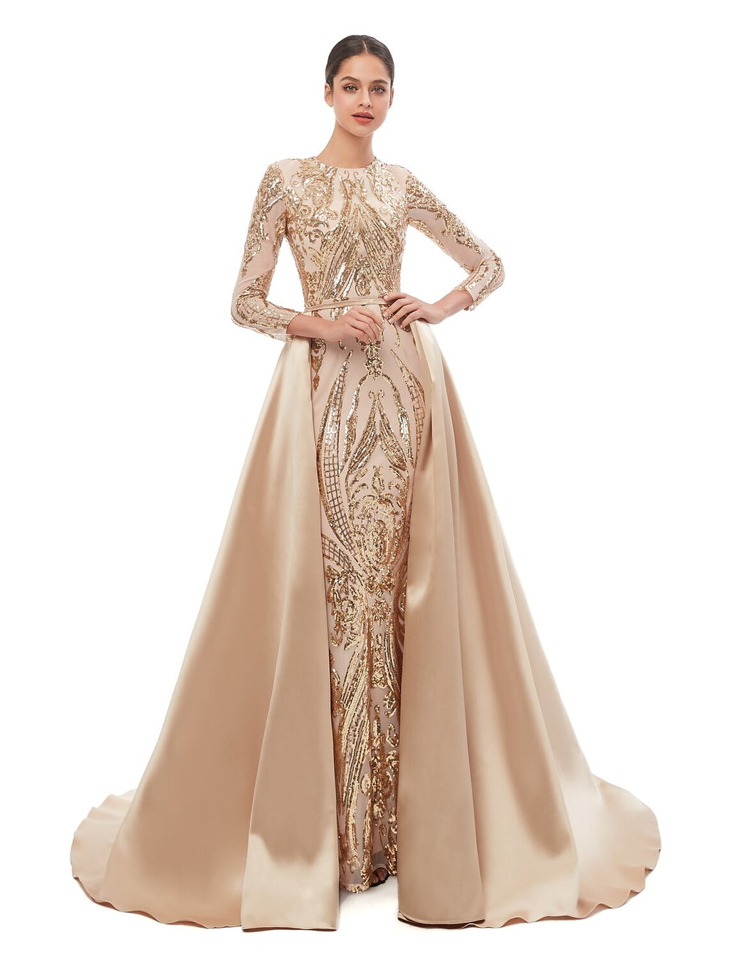 Vestido de noche formal elegante estilo sirena/trompeta, estilo vintage, con escote joya, manga larga y lentejuelas desmontables.