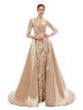 Vestido de noche formal elegante estilo sirena/trompeta, estilo vintage, con escote joya, manga larga y lentejuelas desmontables.