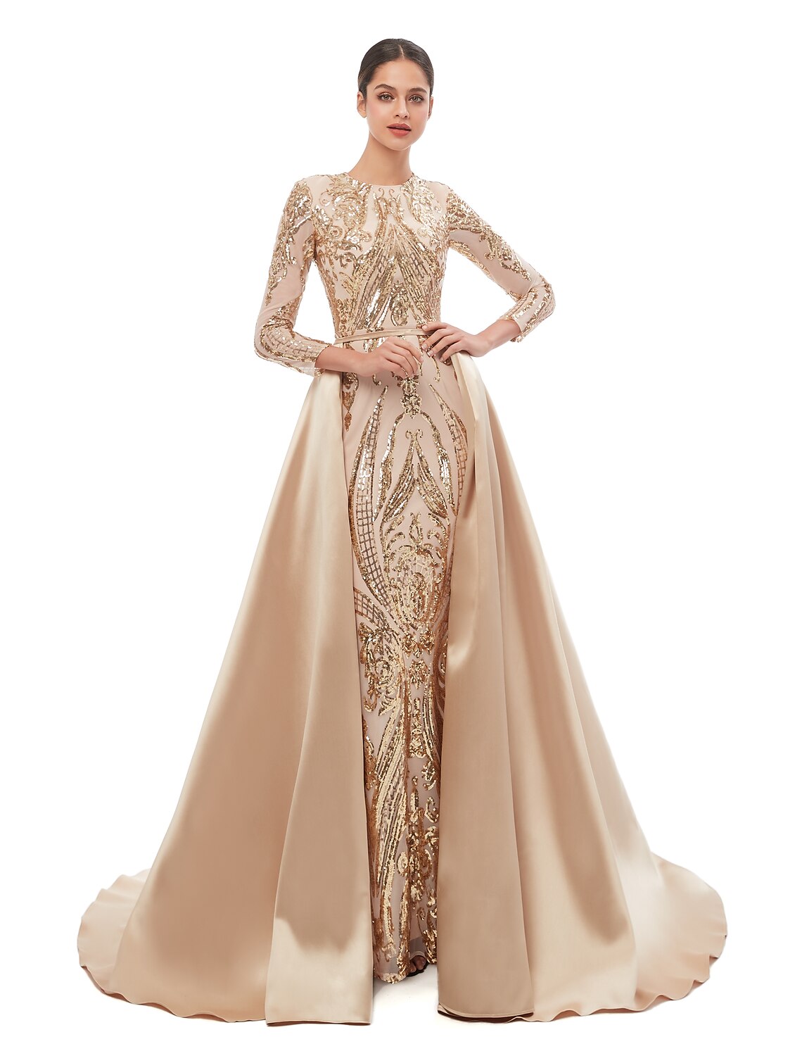 Vestido de noche formal elegante estilo sirena/trompeta, estilo vintage, con escote joya, manga larga y lentejuelas desmontables.