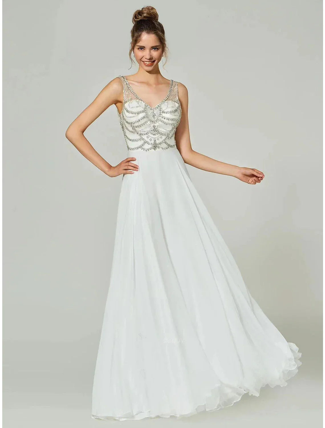 White Chiffon A-Line Floor-Length V-Neck Bridesmaid Dress with Beaded Bodice