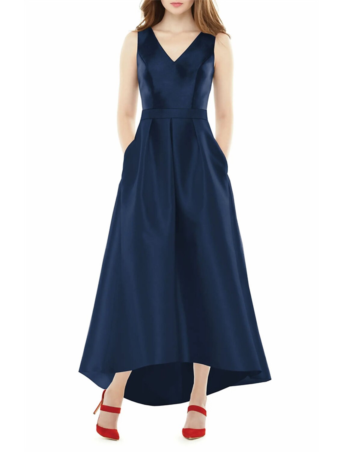 Abiti da sposa a trapezio, eleganti, semi formali, asimmetrici, senza maniche, scollo a V, tasche, raso con frange, 2025