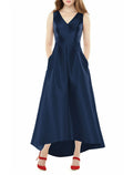 Vestido de novia de corte A, elegante, para fiesta de bodas, semiformal, asimétrico, sin mangas, escote en V, bolsillo, satén con flecos, 2025
