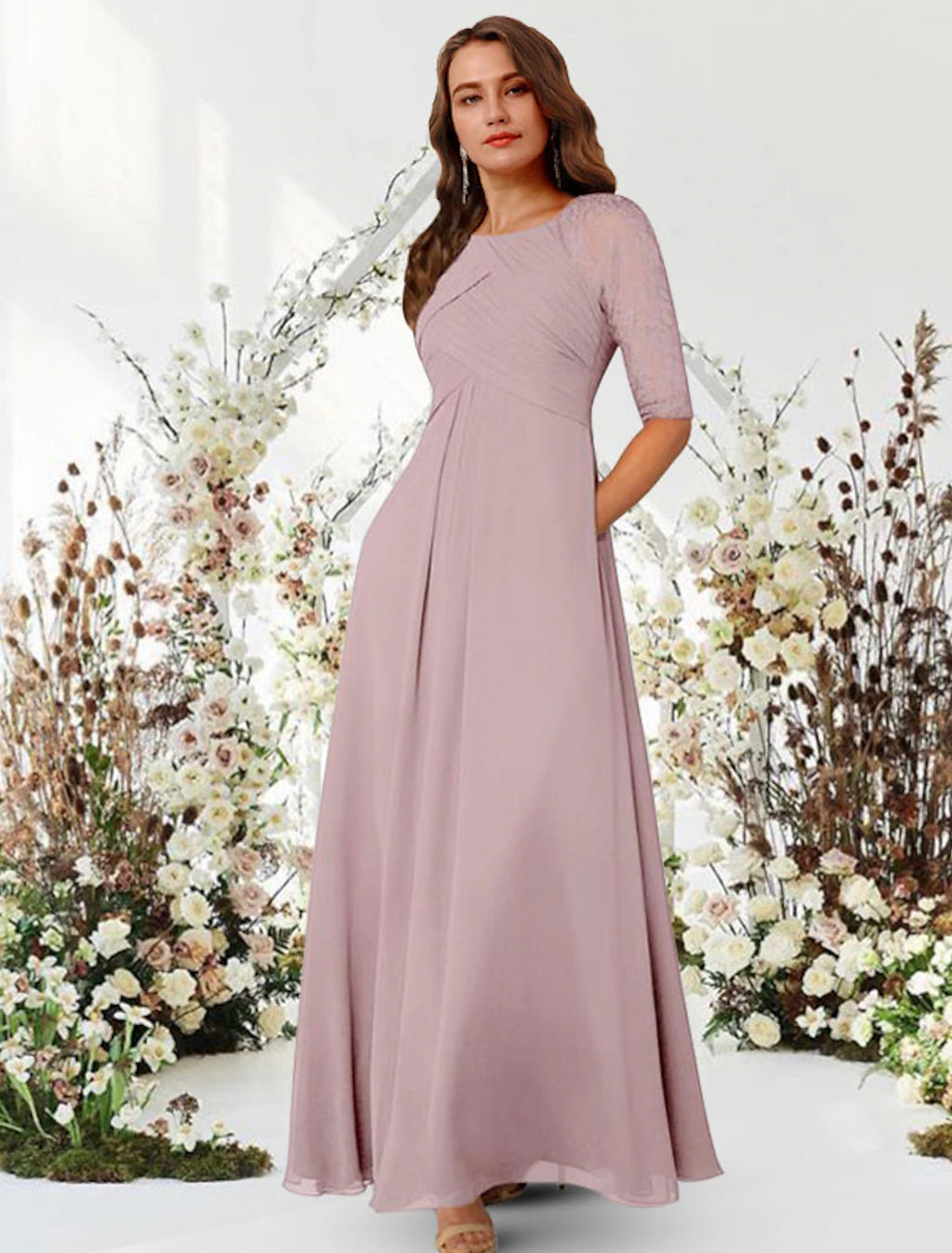 Dusty Rose Chiffon A-Line Floor-Length Bridesmaid Dress with Lace Sleeves