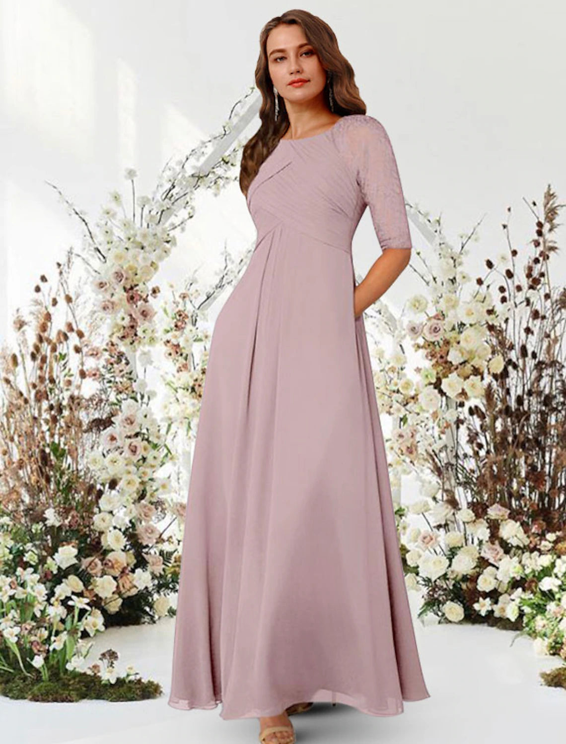 Dusty Rose Chiffon A-Line Floor-Length Bridesmaid Dress with Lace Sleeves