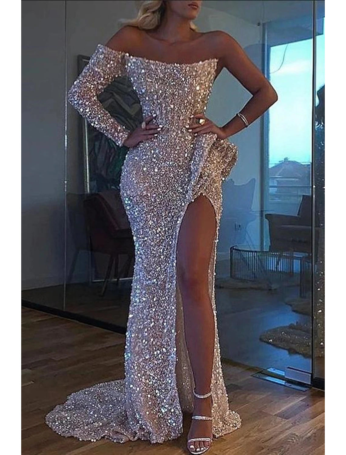 Mermaid Dress Evening Gown Christmas Red Green Dress Formal Wedding Court Train Long Sleeve One Shoulder Sequined with Sequin Slit 2025