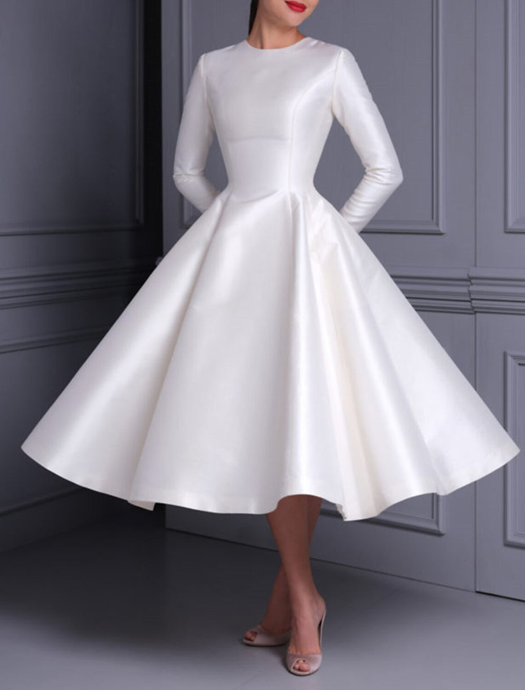 Ivory Satin Long Sleeve Boat Neck A-Line Tea-Length Dress