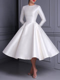 Ivory Satin Long Sleeve Boat Neck A-Line Tea-Length Dress