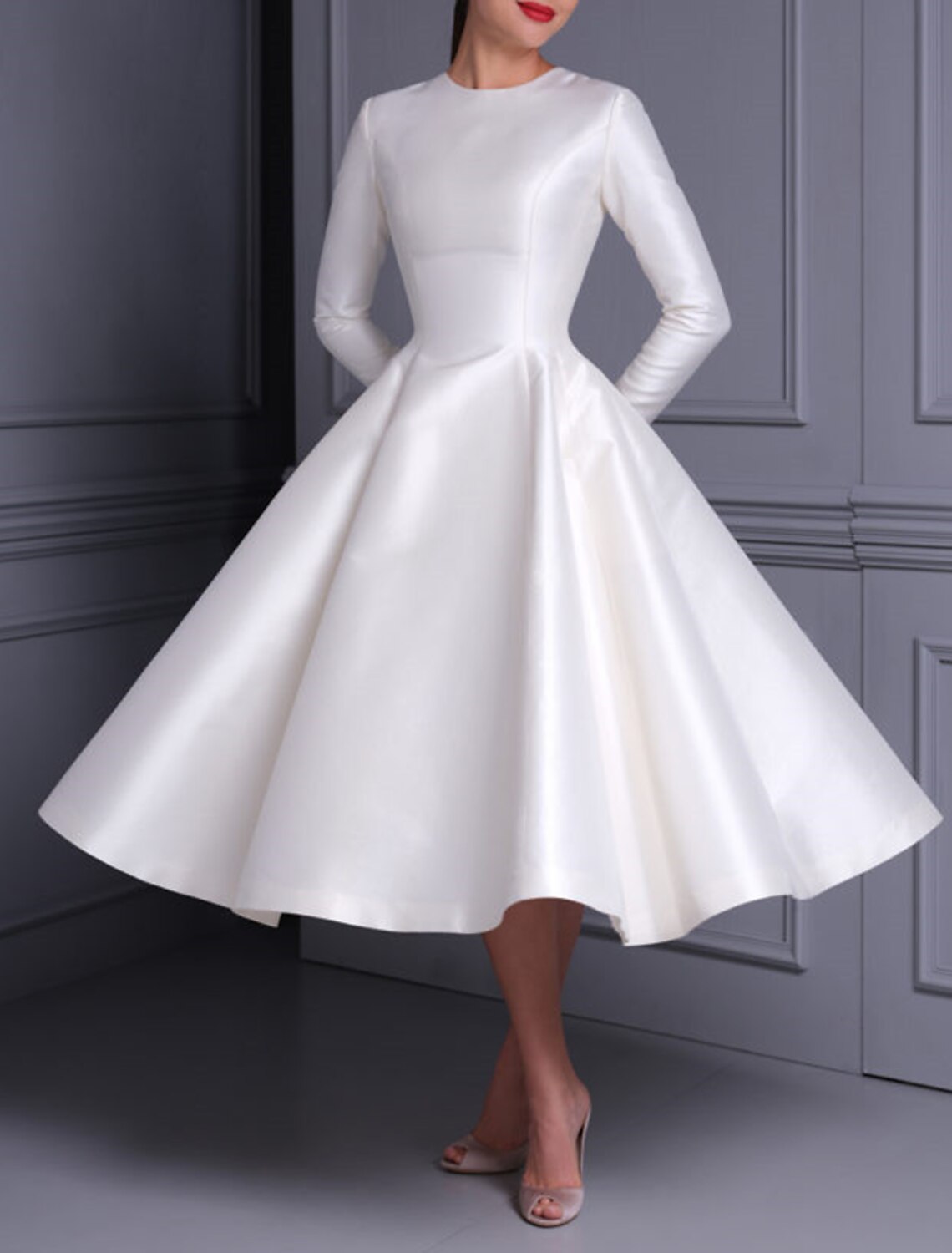 Ivory Satin Long Sleeve Boat Neck A-Line Tea-Length Dress