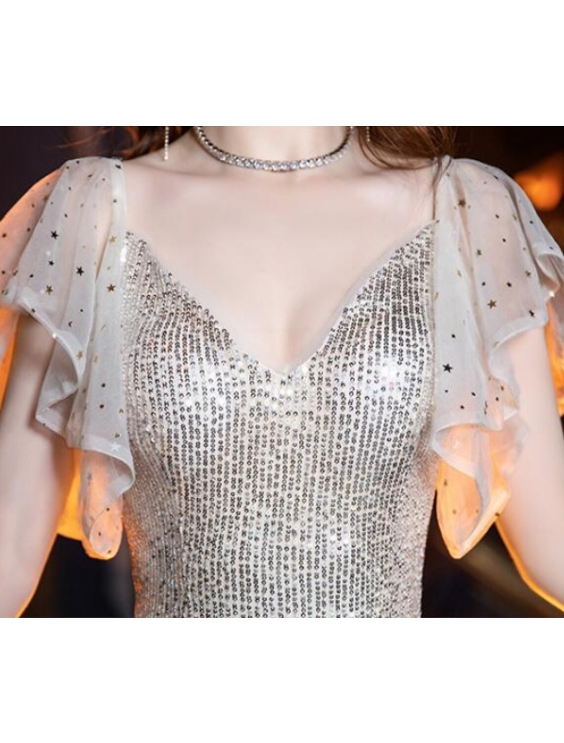 Mermaid / Trumpet Sparkle Sexy Engagement Prom Dress V Neck Short Sleeve Floor Length Sequined with Pleats Sequin