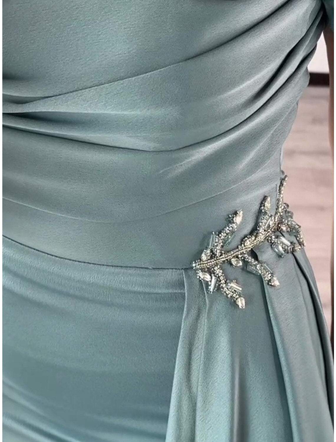 Sheath / Column Evening Gown Elegant Dress Formal Court Train Short Sleeve Square Neck Satin with Pleats Ruched Crystals