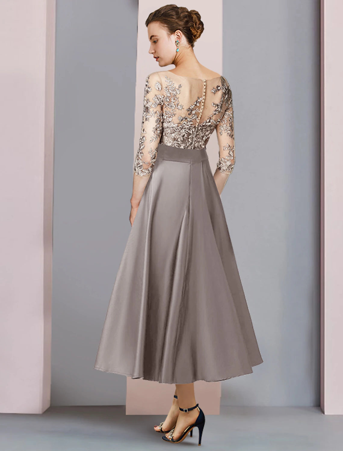 Champagne A-Line Tea-Length Evening Dress | Illusion Neck, Lace Bodice & Waist Bow