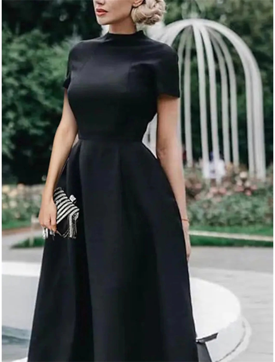 Black Crepe High Neck A-Line Midi Dress