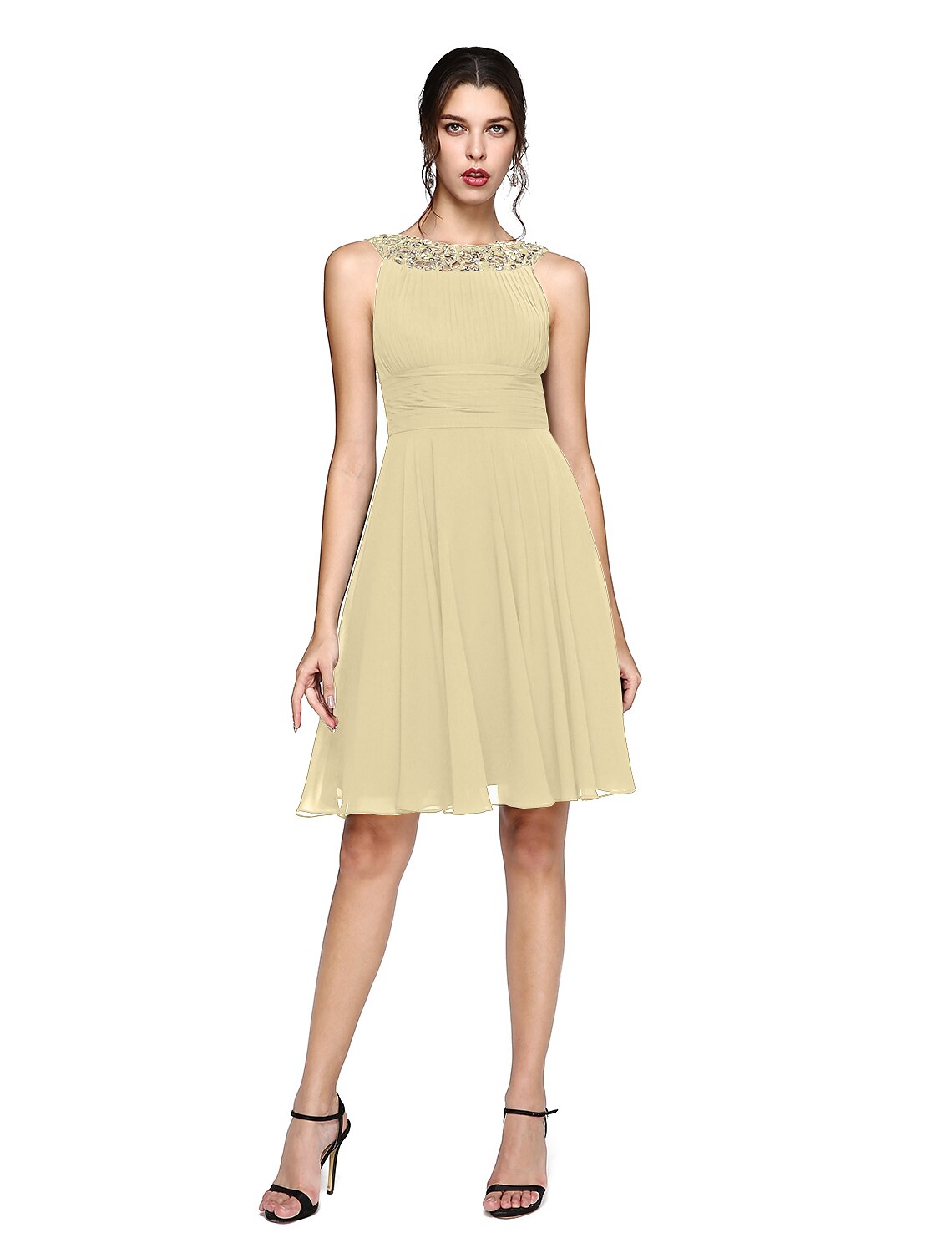 A-Line Cocktail Dresses Party Dress Wedding Guest Cocktail Party Knee Length Sleeveless Illusion Neck Chiffon with Ruched Sequin Lace Insert