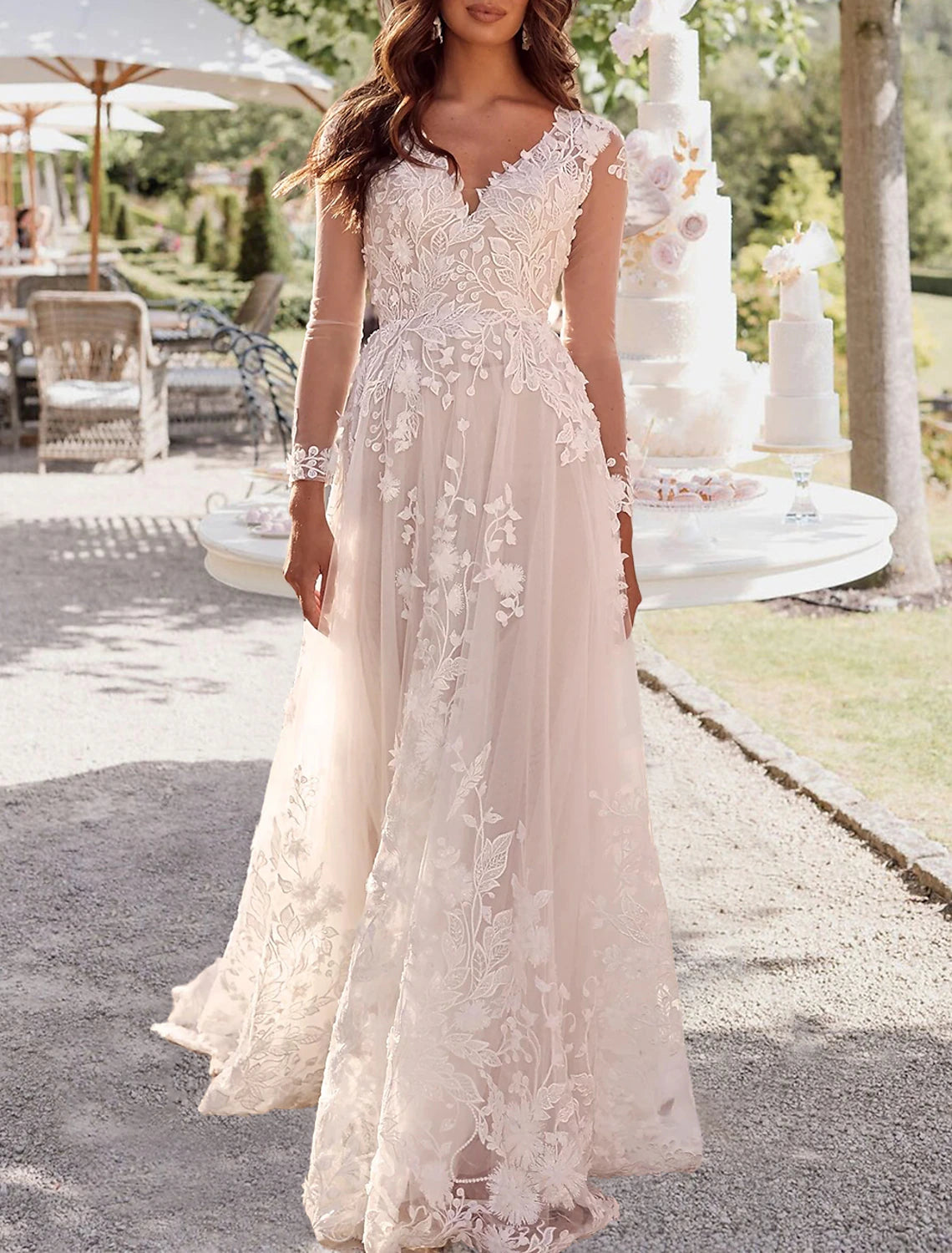 Vestidos de novia formales con espalda descubierta, corte A, escote en V, manga larga, cola de corte, encaje y apliques