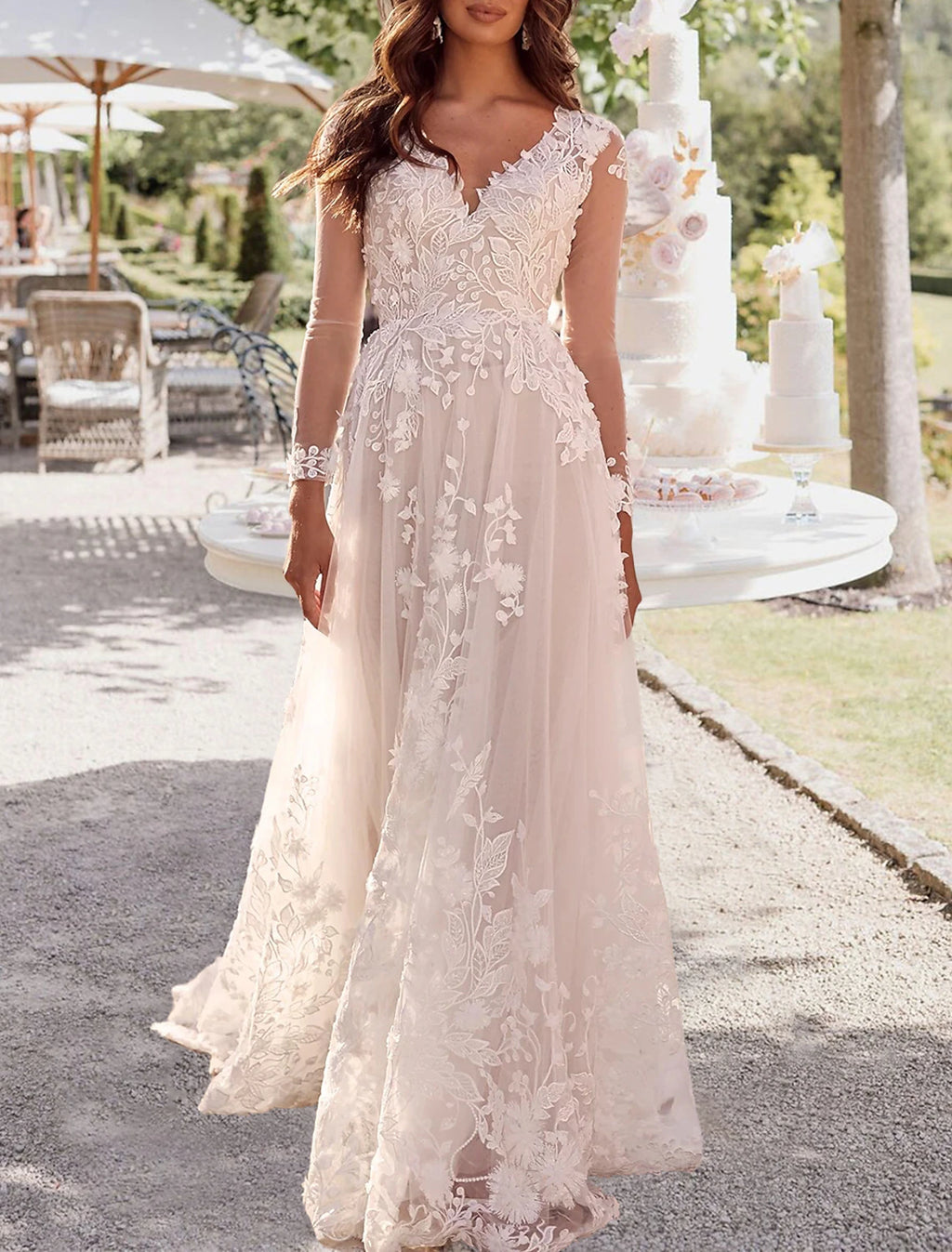 Ivory Lace A-Line Floor-Length Bridesmaid Dress with Floral Appliqué & Illusion Long Sleeves