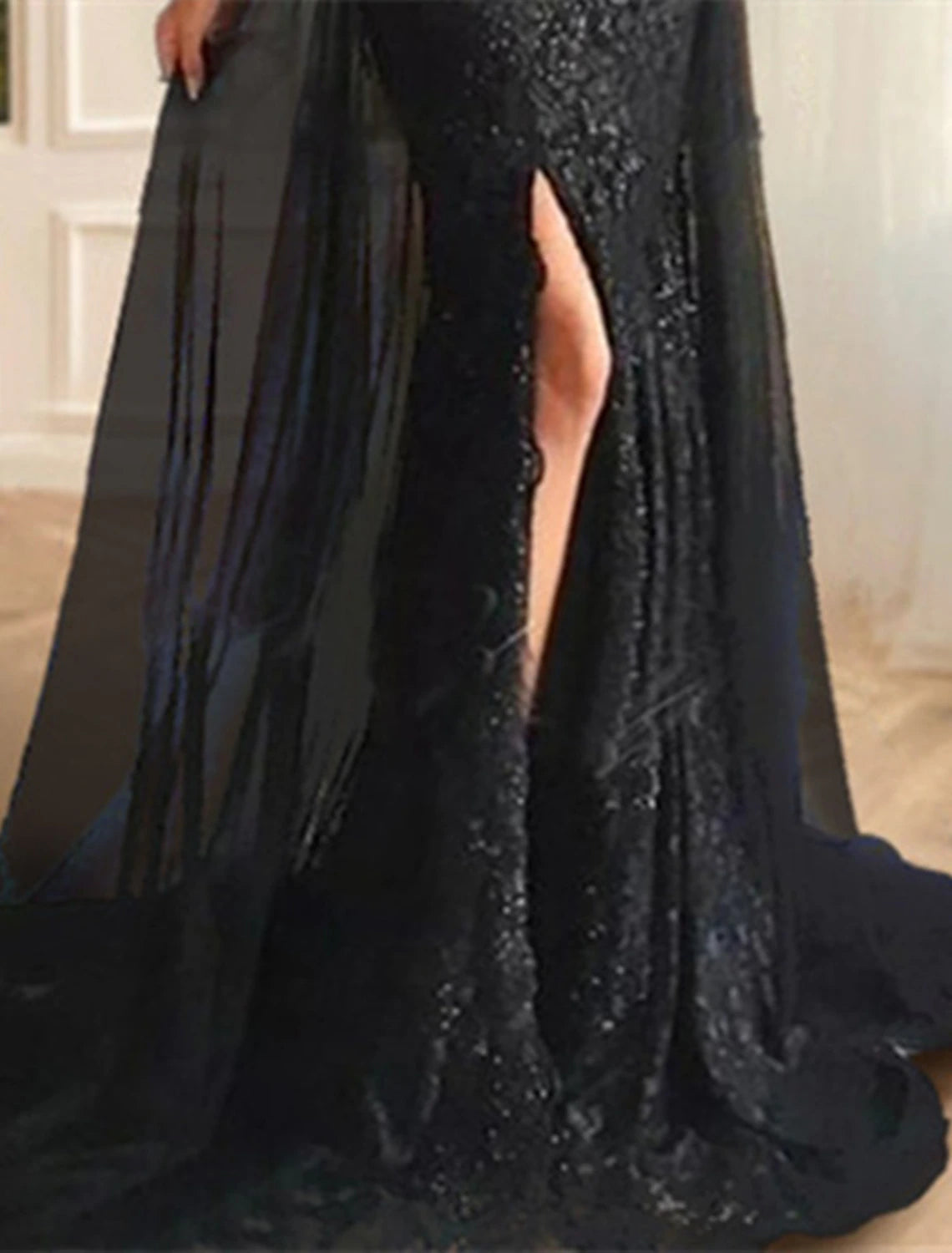 Black Sequin Mermaid Off-the-Shoulder Floor-Length Dress