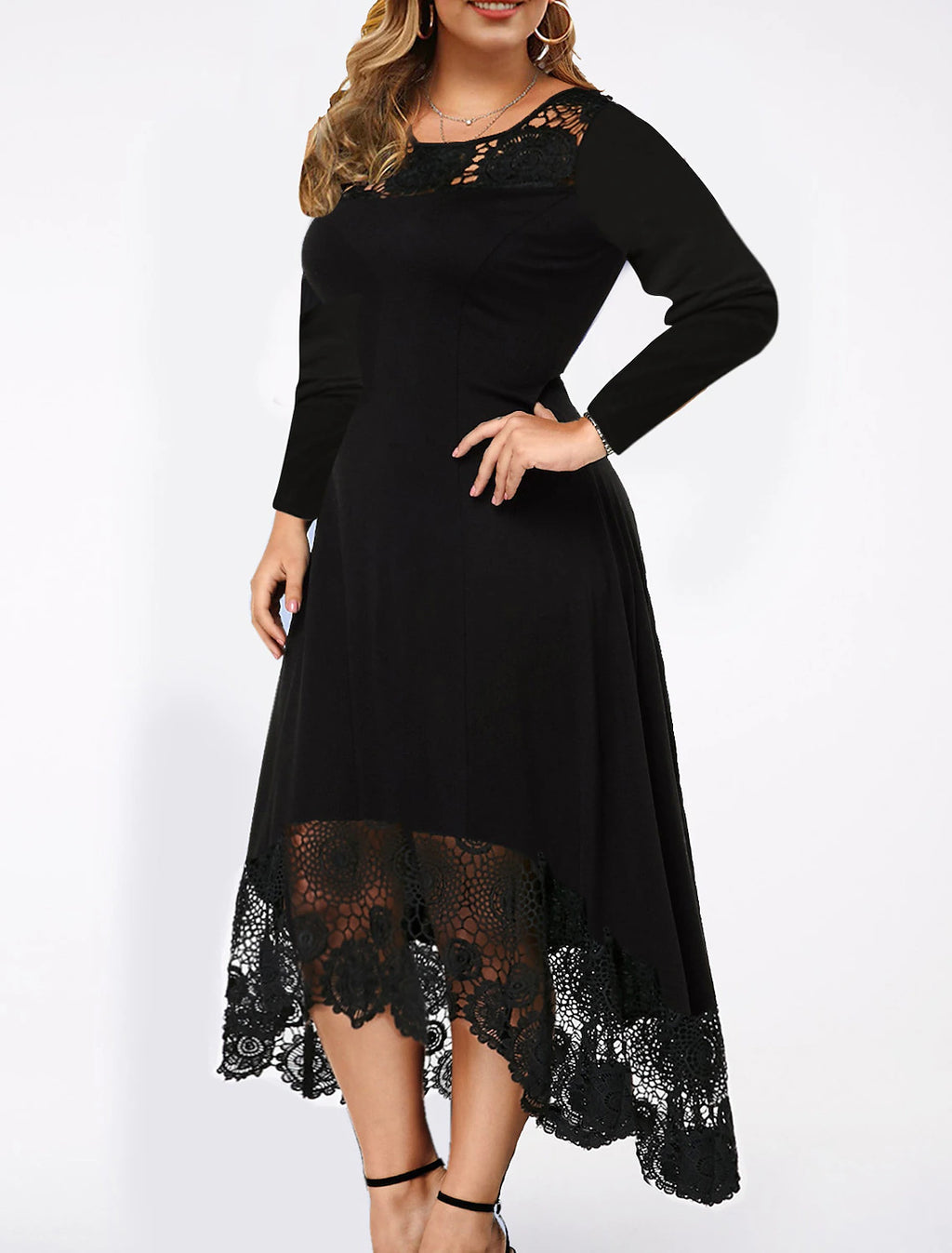 Black Crepe A-Line Asymmetrical Scoop Neck Dress with Lace Yoke and High-low Lace Hem