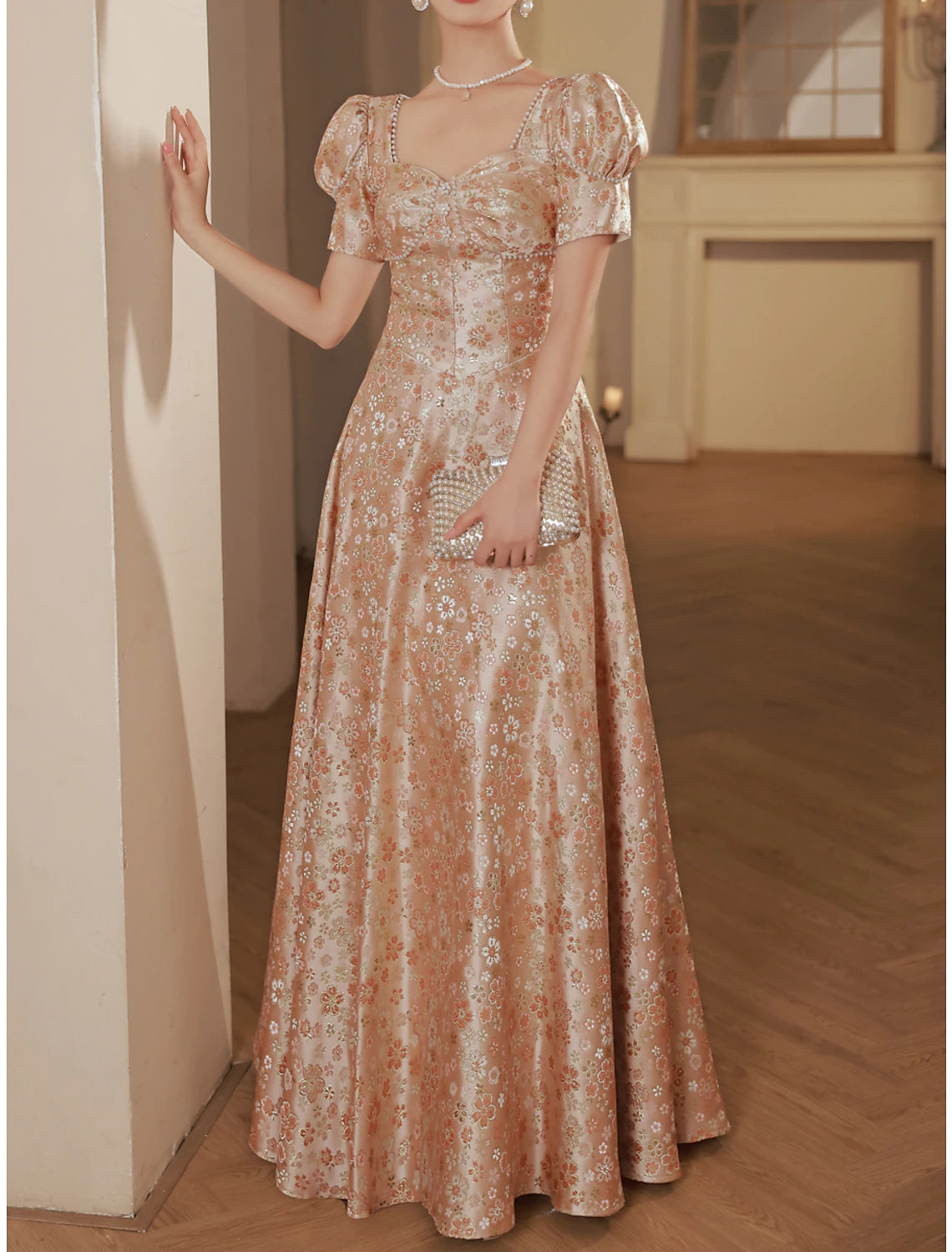 Abiti da ballo a trapezio, scintillanti e brillanti, da fidanzamento, con lunghezza al pavimento, maniche corte, scollo a barchetta, in raso con perle arricciate, 2025