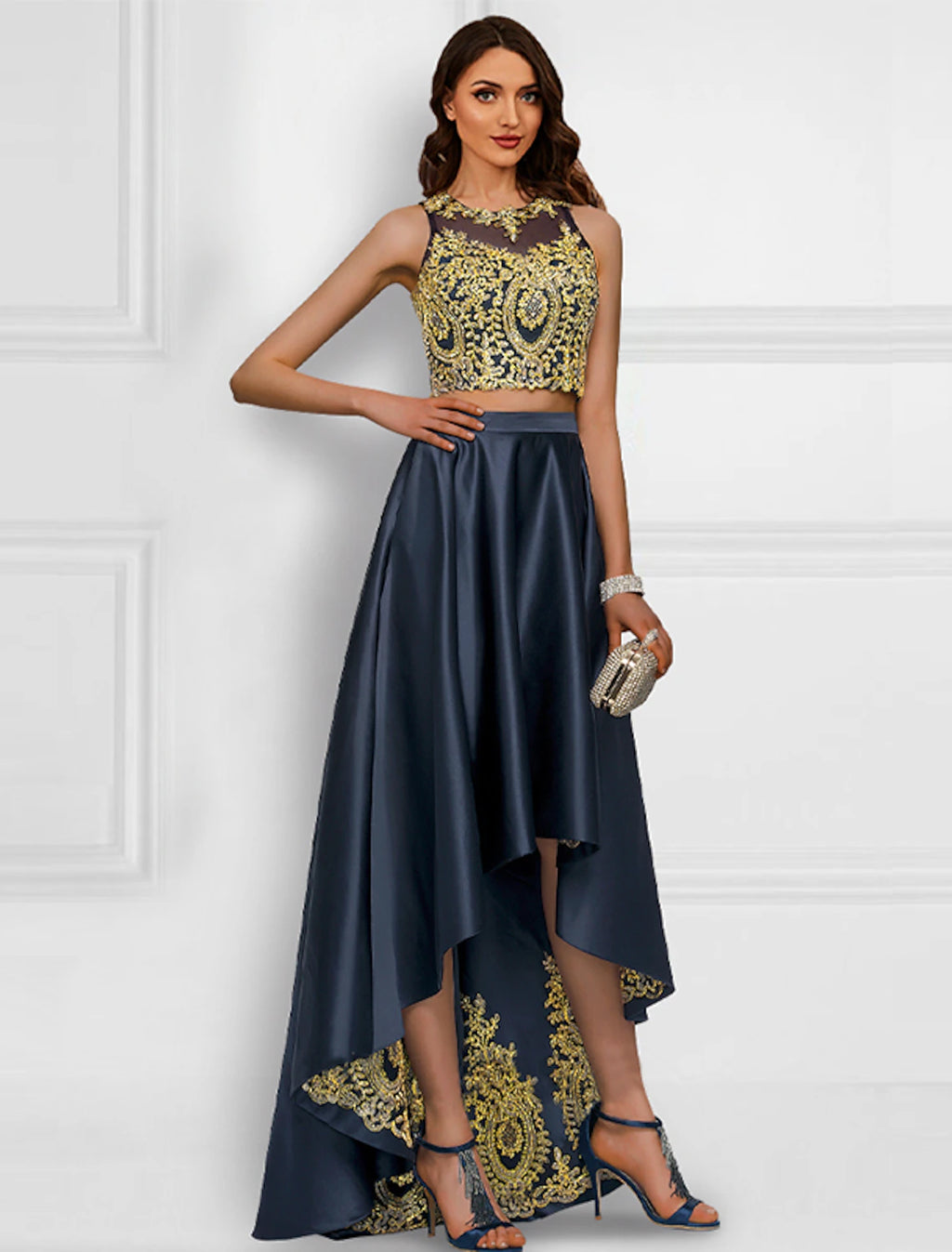 Dark Navy Satin A-Line High-Low Dress with Embroidered Crop Top