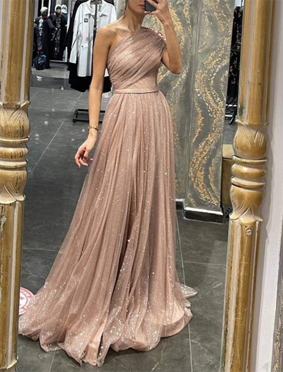 Abito da sera a trapezio, scintillante, da sposa, da ballo, con strascico, senza maniche, monospalla, in tulle con applicazioni arricciate e glitterate