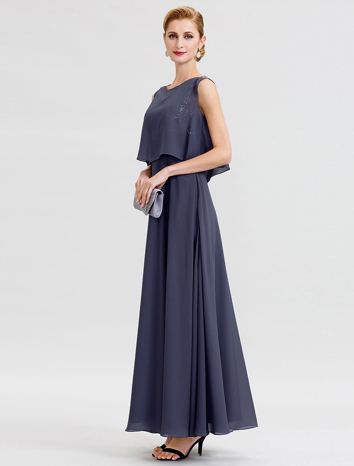 Abito da madre della sposa a trapezio, formale, con schiena scoperta, due pezzi, scollo gioiello, lunghezza alla caviglia, in chiffon con paillettes, senza maniche, con fasce/nastri e perline