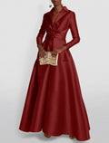 Burgundy Satin A-Line Floor-Length V-Neck Evening Dress