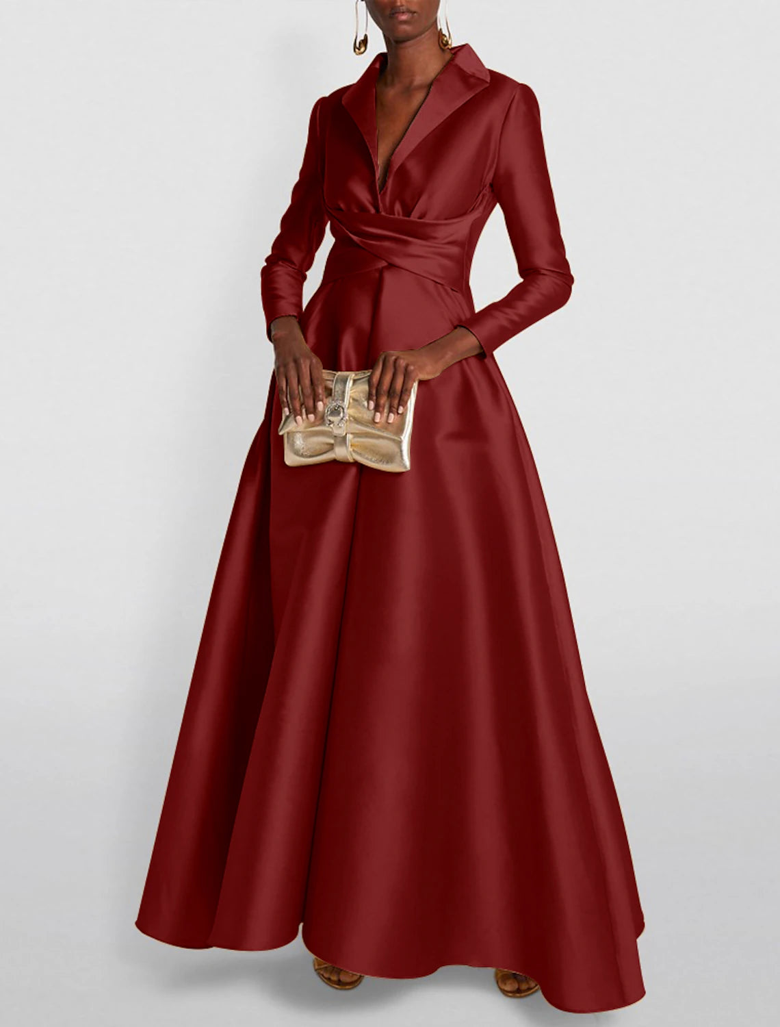 Burgundy Satin A-Line Floor-Length V-Neck Evening Dress