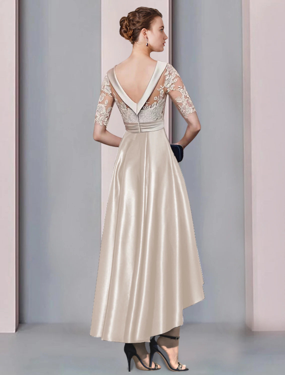 Champagne Satin Asymmetrical A-Line Evening Dress with Illusion Neck