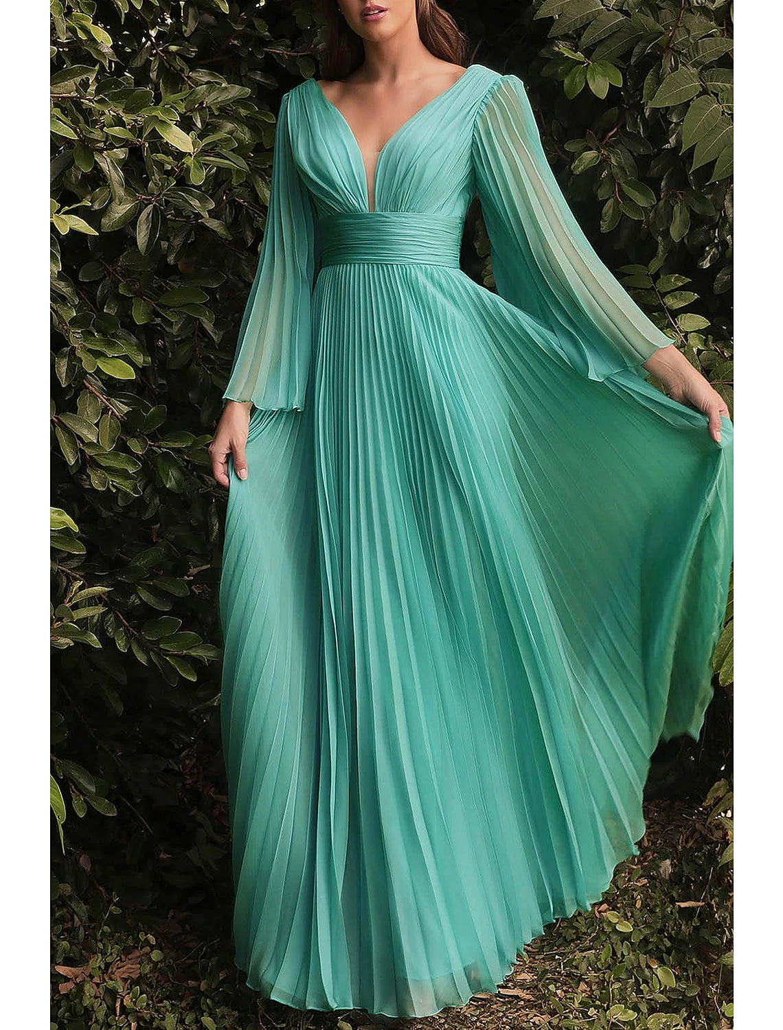 Teal Chiffon A-Line Plunging V-Neck Floor-Length Gown