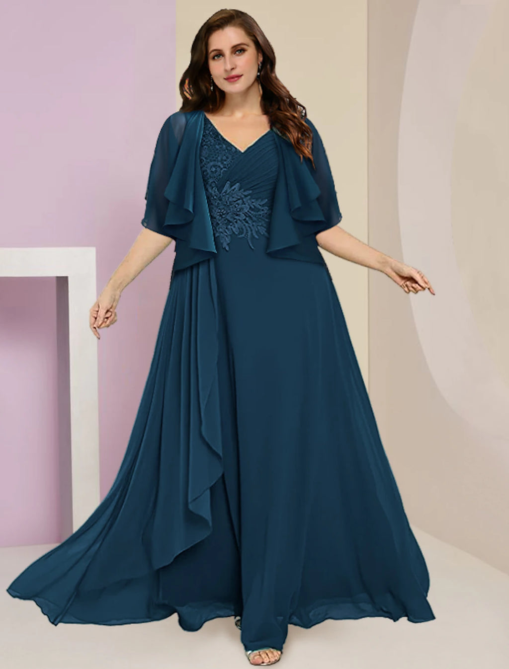 Teal Chiffon A-Line Floor-Length Dress with V-Neck and Embroidered Bodice