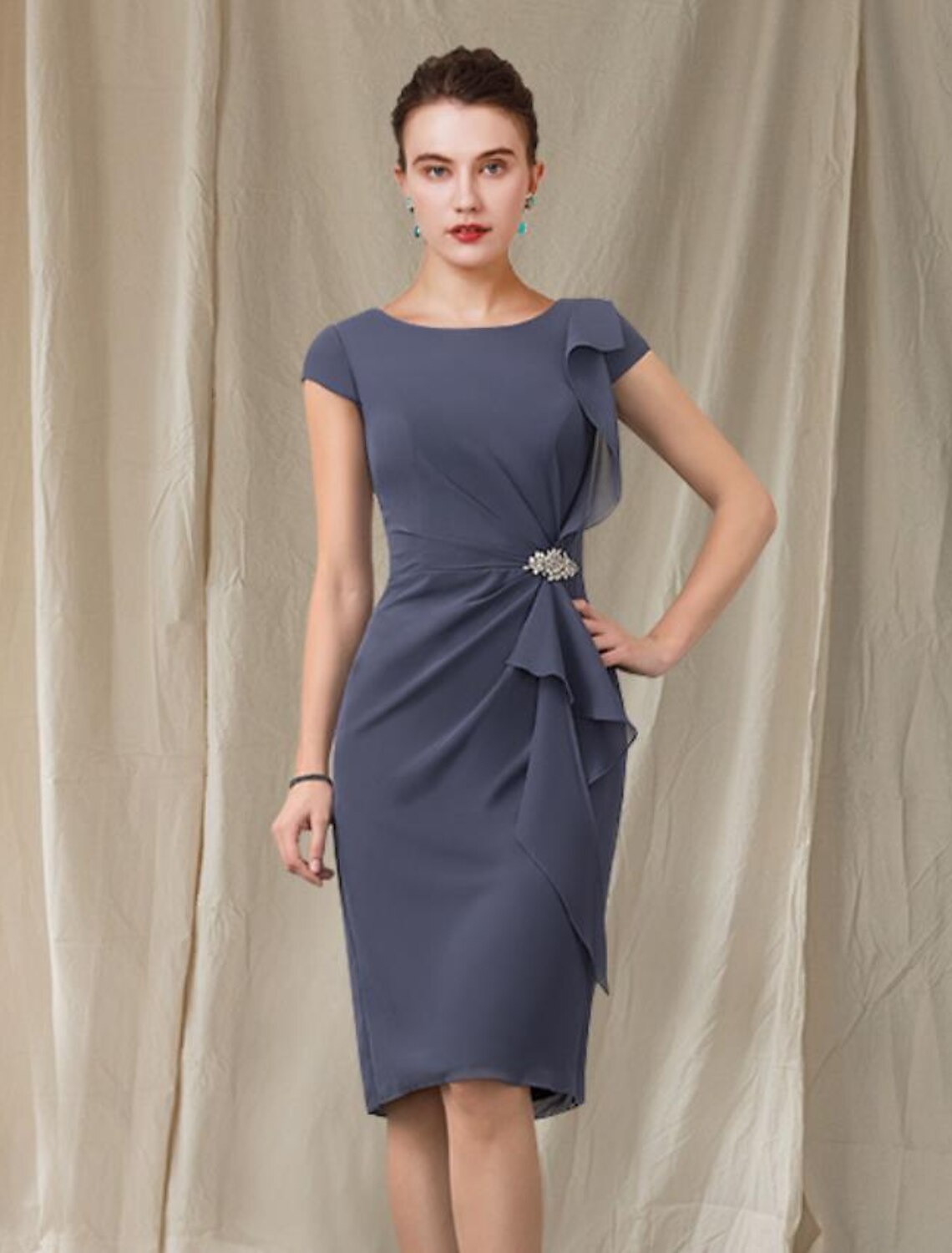Slate Blue Crepe Knee-Length Boat Neck Sheath/Column Dress