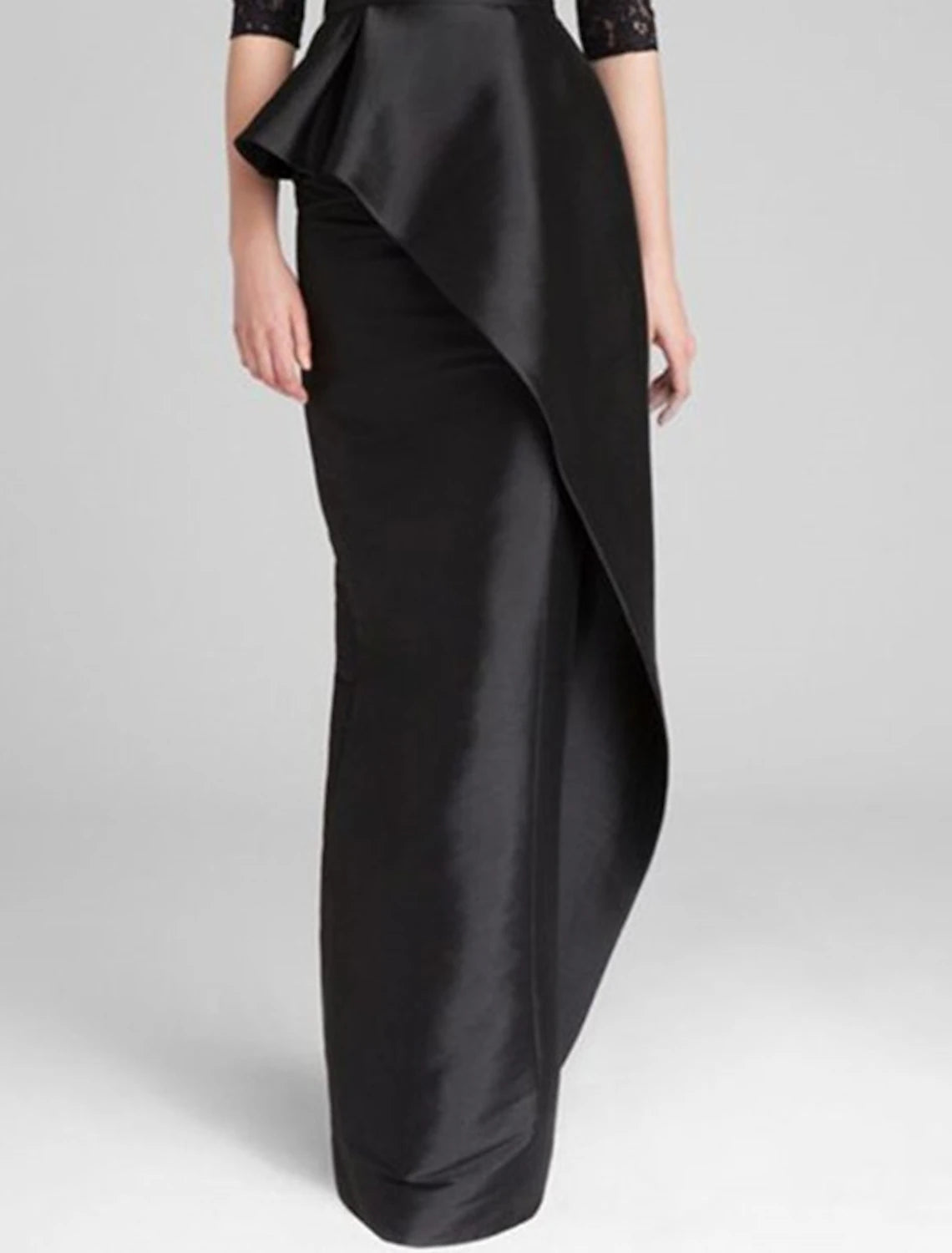 Abito da sposa a sirena/tromba per la madre della sposa, elegante, semplice, con scollo gioiello, lunghezza pavimento, in raso, pizzo, mezza manica con applicazioni di volant