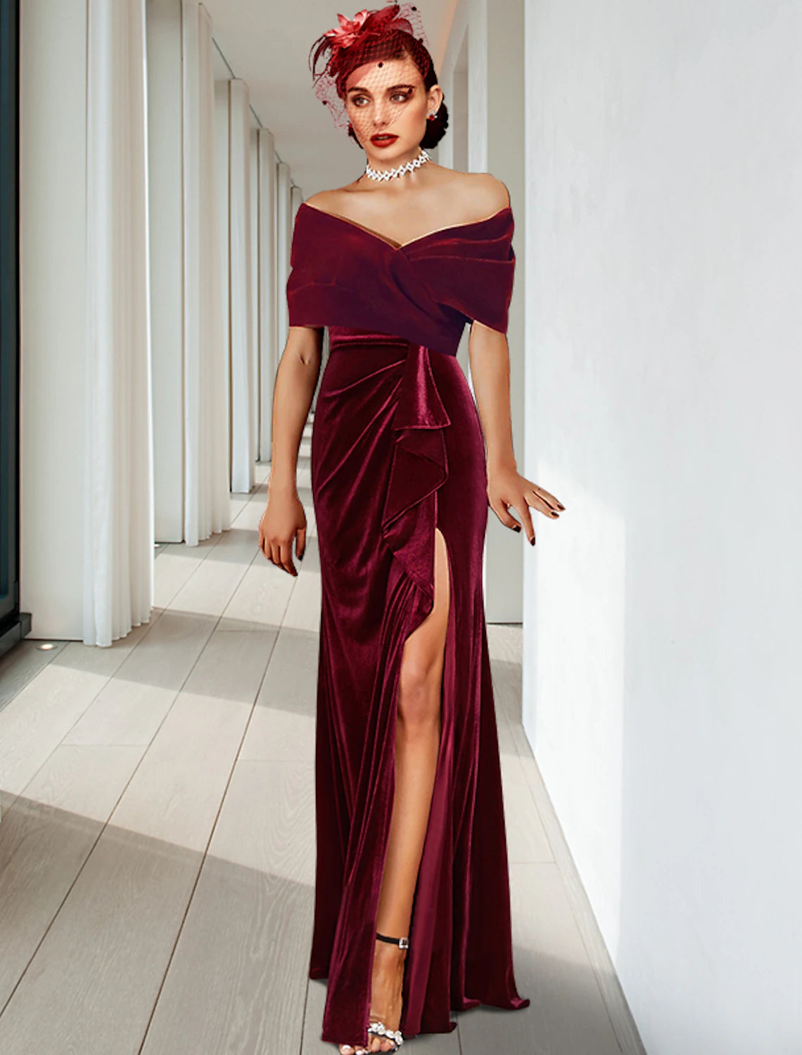 Vestido de noche elegante con corte en forma de columna, para invitados de boda, cóctel, largo hasta el suelo, sin mangas, escote en V, terciopelo con pliegues y volantes.