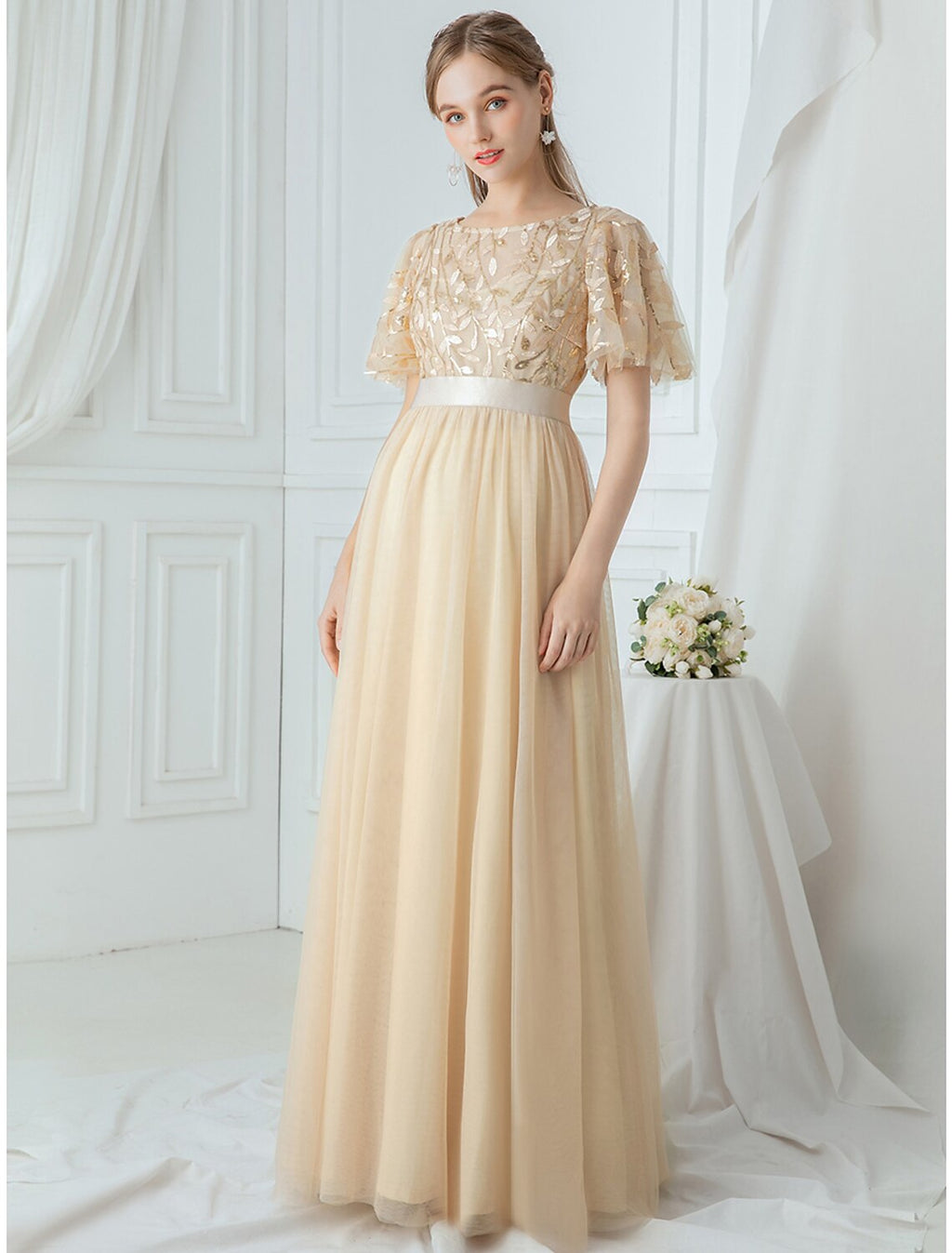 Vestidos de fiesta de corte A, estilo imperio, para invitadas de boda, para graduación, largo hasta el suelo, manga corta, cuello joya, vestido de dama de honor de tul con apliques de lentejuelas