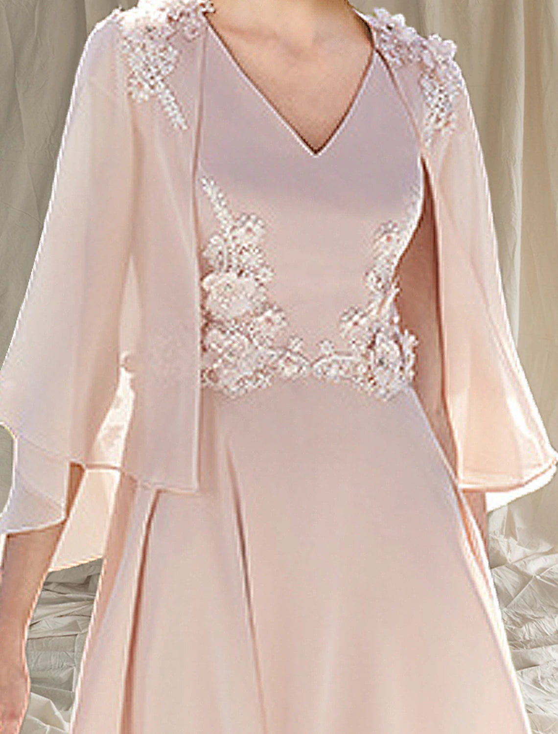 Vestido de dos piezas de corte A para madre de la novia, para invitada de boda, iglesia, elegante, cuello en V, largo hasta la rodilla, de gasa, sin mangas, cruzado, incluido con apliques